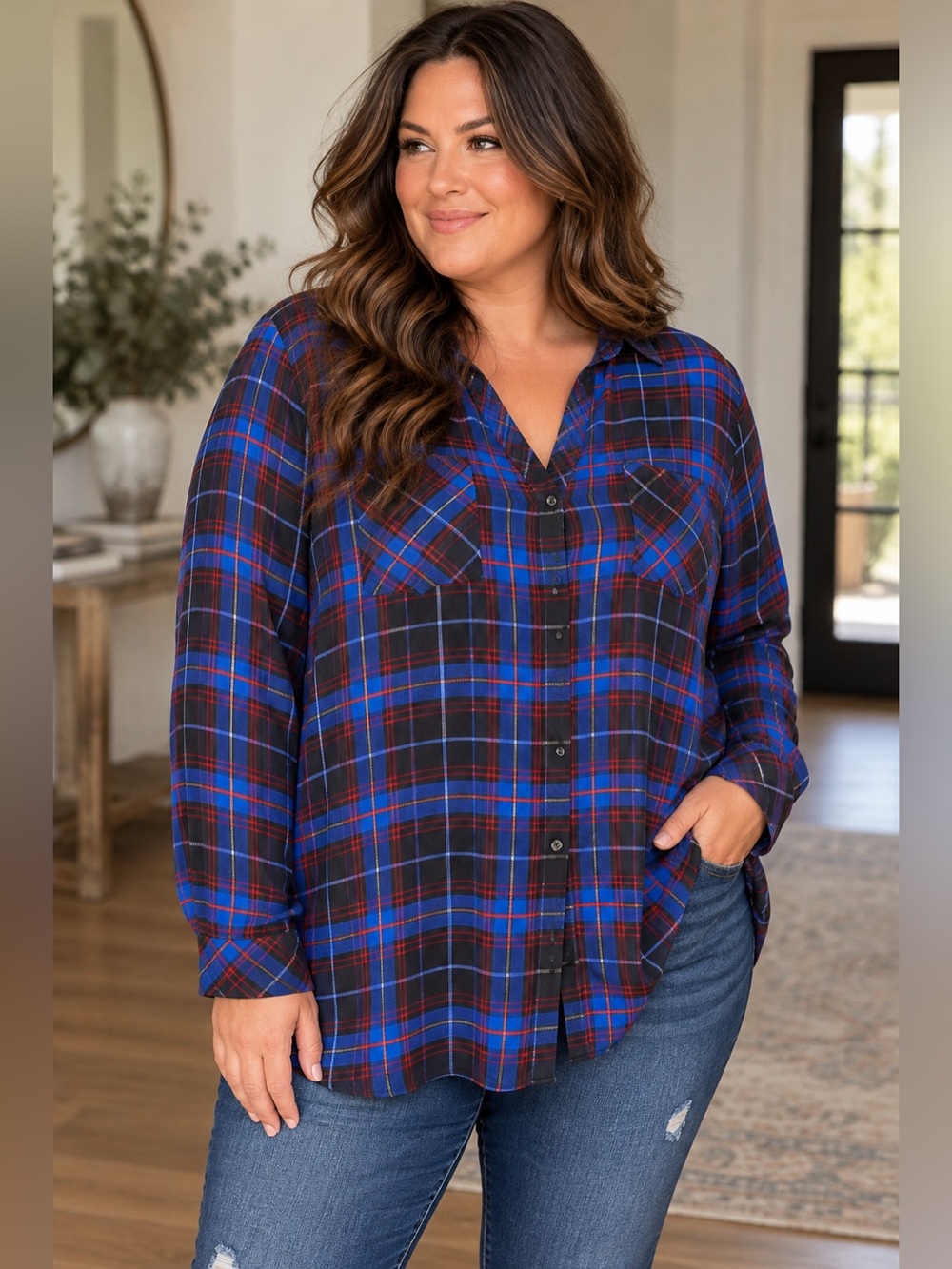 Torrid Madison Georgette Plaid Button Down Blouse Blue Red 4X